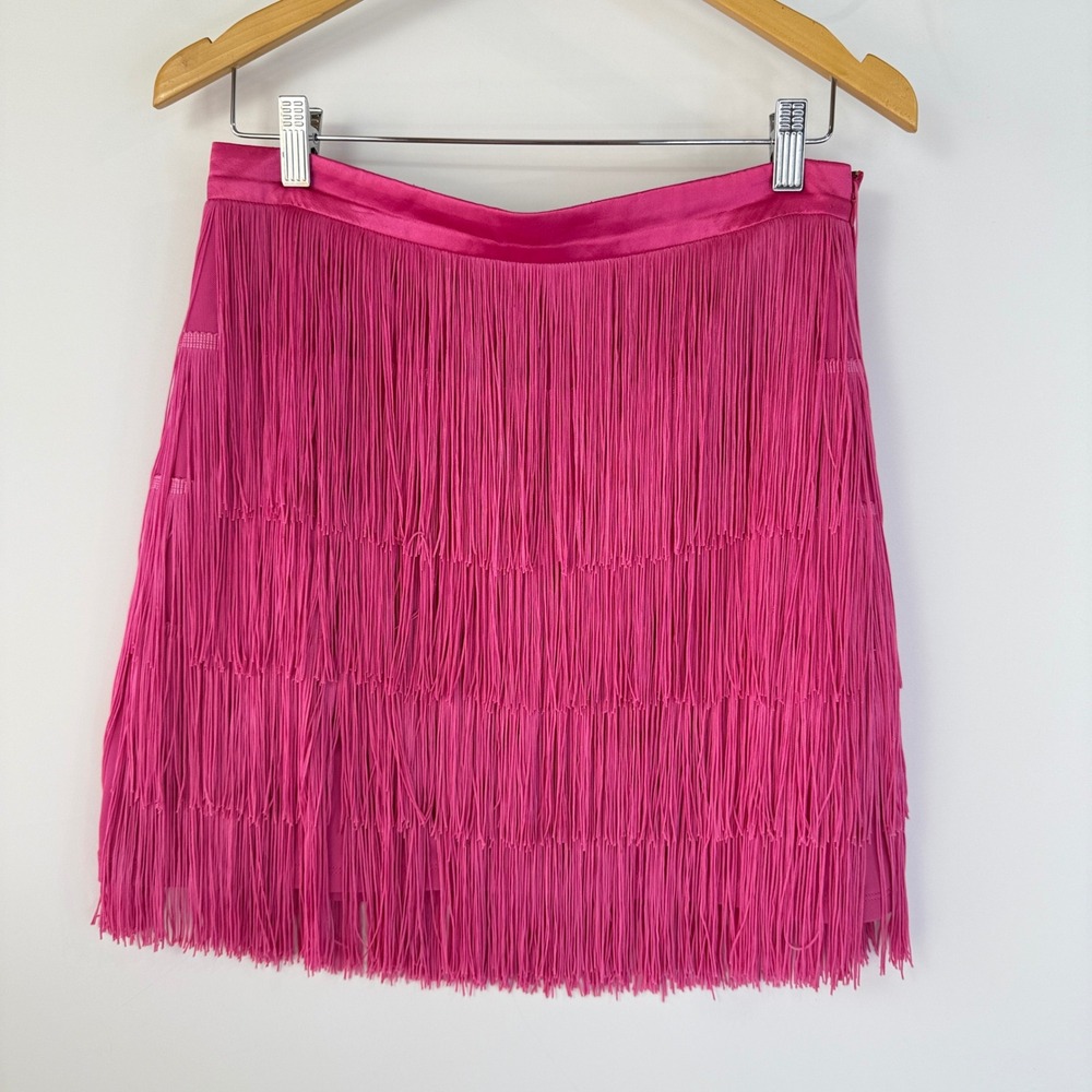 Meshki Sofia Fringe Mini Skirt Womens L Hot Pink High Waisted Tassel Tiered